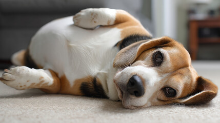 Cute fat dog sad because excess weight. Modern problem of obesity in pets due to overfeeding with food and treats. Concept diet and fight against excess weight in dogs and awareness of animal health