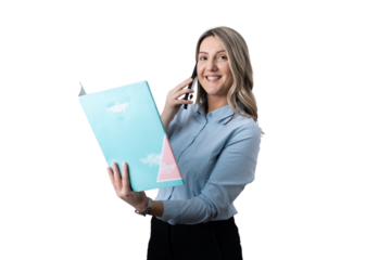 Professional businesswoman smiling while talking on phone holding folder