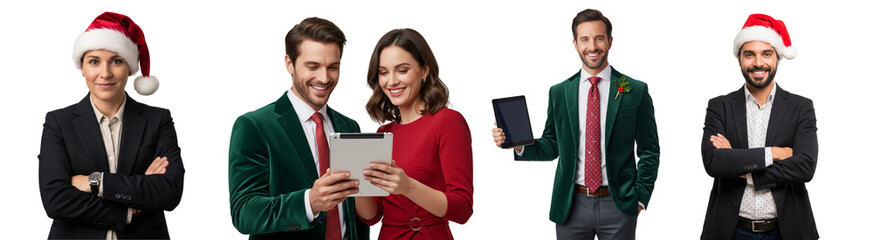 Diverse of happy people wearing Christmas outfits isolated on white