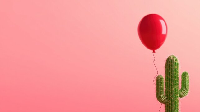 A green cactus with a tangled string holds a bright red balloon against a soft pink background,