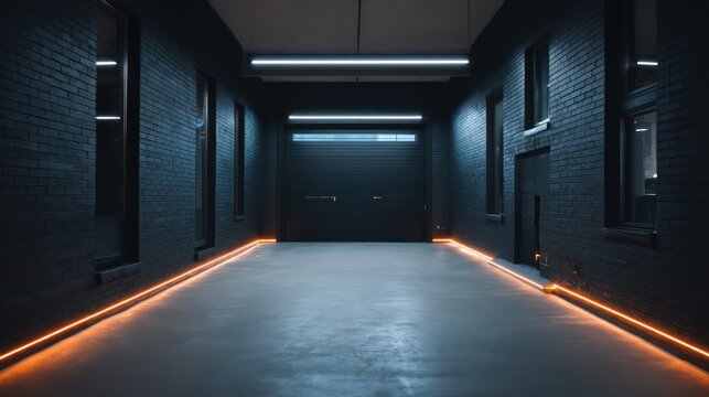 Riverside garage with matte black walls and integrated LED lines indirect low sidelight casting dramatic architecture shadows subtle - Powered by Adobe