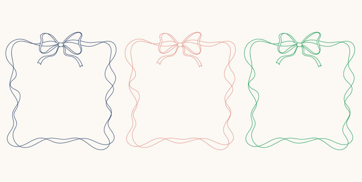 Set of square whimsical bow ribbon frames. Hand drawn vintage frames in marine sea coastal style. Minimalist coquette vector borders. wedding, birthday party, invitations.