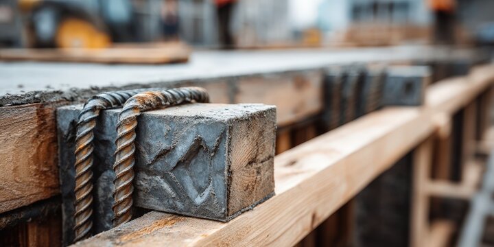 Rebar and formwork forming concrete foundation on construction site