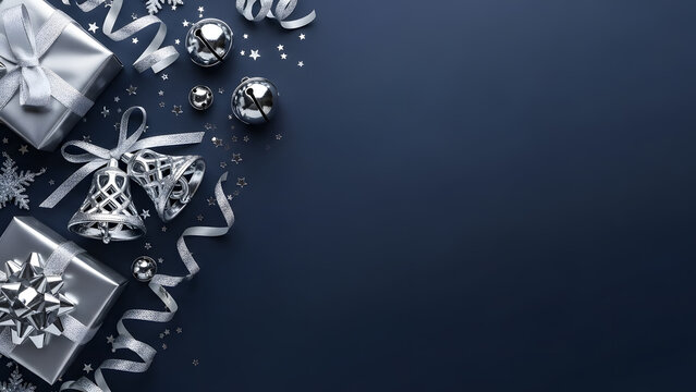 Elegant silver christmas gifts and decorations on a dark blue background