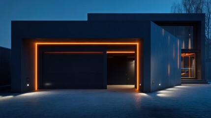 Riverside garage with matte black walls and integrated LED lines indirect low sidelight casting dramatic architecture shadows subtle