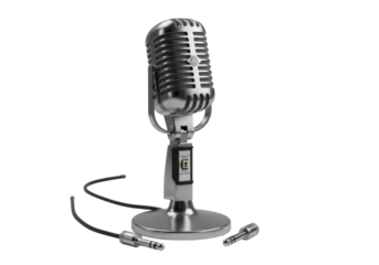 Retro silver condenser mic with intricate grille, elegant base, beside gleaming vintage audio jack, solid transparent background, high-key lit, concept for audio product advertising