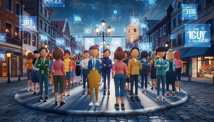 Crowd of People in a City Street with Digital Data Overlay, Urban Lifestyle Concept.