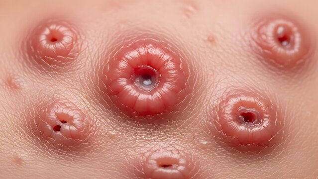 A detailed macro photograph of inflamed human skin showcasing multiple umbilicated pustules, a characteristic sign of a viral infection