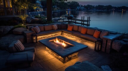 Riverside lounge at night with fire pit and ambient LED accents soft shadows from low lighting glowing reflections