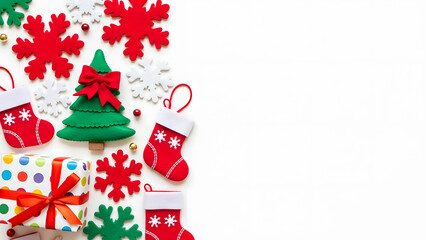 Festive christmas decorations and gifts on a white background border