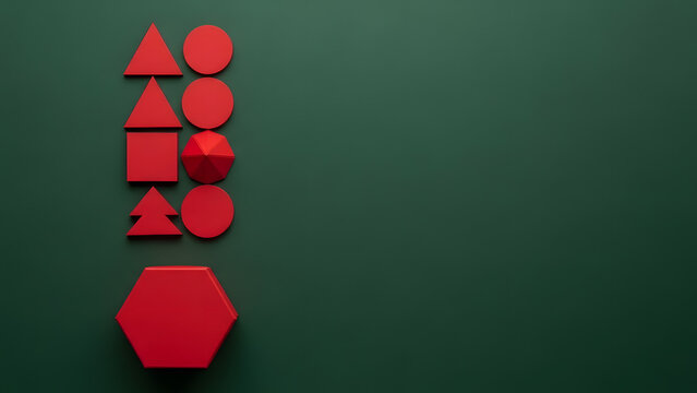 Red wooden geometric shapes arranged vertically on dark green background