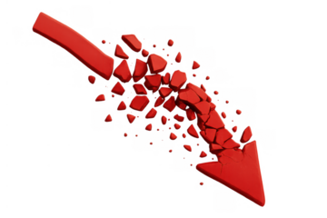 Red arrow breaking and collapsing, depicting crisis, economic recession, decline, business failure, and market crash with transparent background
