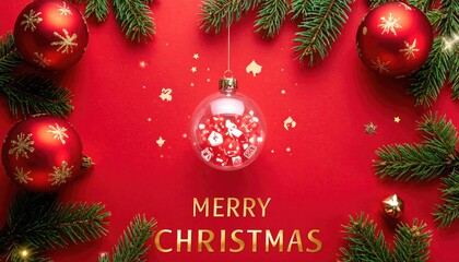 Festive Merry Christmas greeting with red ornaments and green fir branches.