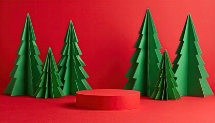 Festive arrangement of folded green paper Christmas trees surrounding a red cylindrical podium on a red surface.