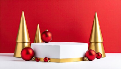 Modern Minimalist Christmas Scene with Golden Trees and Red Ornaments on White Podium.