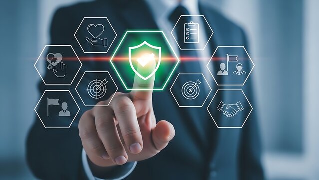 Businessman touching a digital shield icon representing cybersecurity and data protection