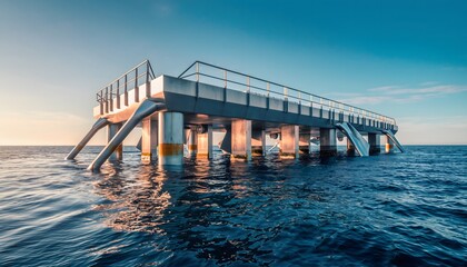 Obraz premium Coastal Observation Deck at Sunrise/Sunset Marine Architecture, Ocean Platform, Elevated Structure, Seascape, Blue Hour, Sky, Water, Horizon, Reflection, Calm, Serene, Tourist Spot
