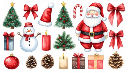Watercolor Christmas Elements Collection Santa Snowman Trees Gifts and Decorations.
