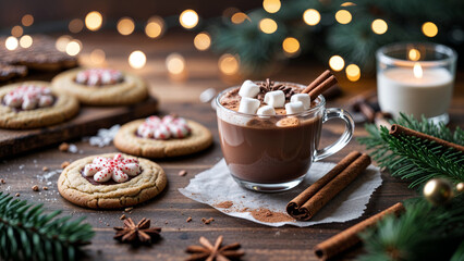 Fototapeta premium Christmas Hot Chocolate with Marshmallows and Holiday Cookies on Festive Table