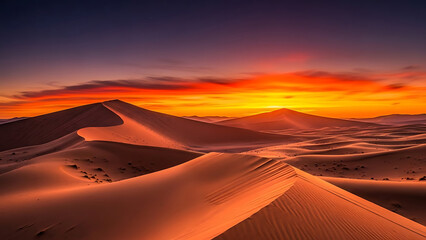Dramatic desert sand dunes at sunset with vibrant orange sky