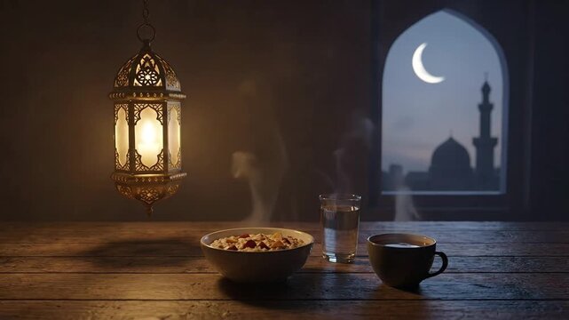 Lantern lights illuminate a ramadan iftar meal below a crescent moon window. Ideal for festive ramadan event promotions and social media posts.