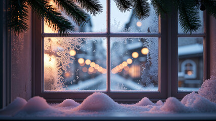 Fototapeta premium Frosty Winter Window with Snow and Warm Lights Outdoors