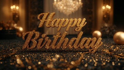 Elegant Golden Happy Birthday Sign at a Festive Celebration With Sparkling Decorations and Soft Lighting