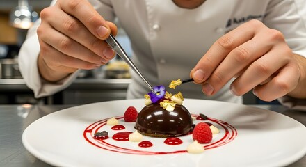 Chef garnishing chocolate dessert with edible gold leaf and flower image