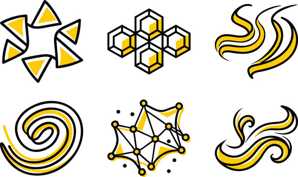Abstract Geometric and Dynamic Line Art Icon Bundle with Yellow and Black Hand-Drawn Style for Tech, Energy, and Creative Concepts