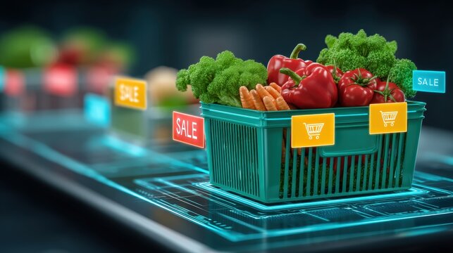 Grocery shopping sale event digital marketplace 3d render futuristic environment close-up viewpoint consumer awareness