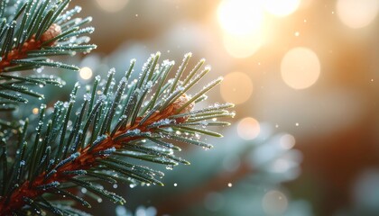 Fototapeta premium Sparkling frost on evergreen branch creates a stunning winter wonderland scene, perfect for holiday greetings and seasonal promotions with bokeh lights
