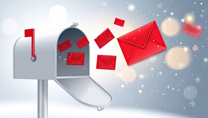 Silver mailbox releasing red envelopes into a snowy festive winter scene.