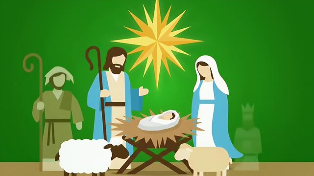 Illustrated Nativity Scene With Baby Jesus In Manger.