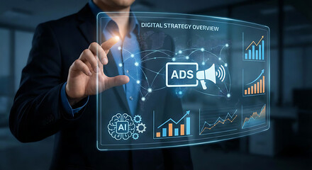 Professional uses a futuristic digital interface for a compelling digital strategy overview with AI and global ads, unlocking new business opportunities and driving marketing success