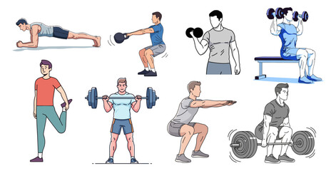 set collection of diverse men doing various exercises like planks and weightlifting moves.