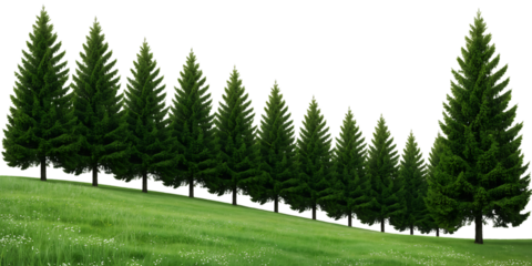 Row of coniferous trees on a grassy slope isolated on white background