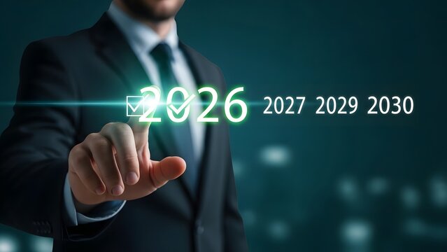 Businessman selecting 2026 on futuristic digital interface screen