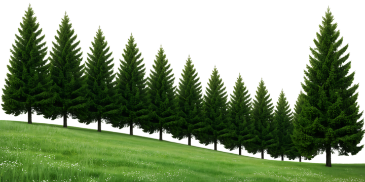 Row of coniferous trees on a grassy slope isolated on white background