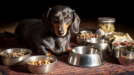Cute fat dog sad because excess weight. Modern problem of obesity in pets due to overfeeding with food and treats. Concept diet and fight against excess weight in dogs and awareness of animal health