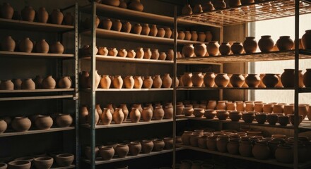 Shelves filled with unfired clay pottery.  Sunlight streams in