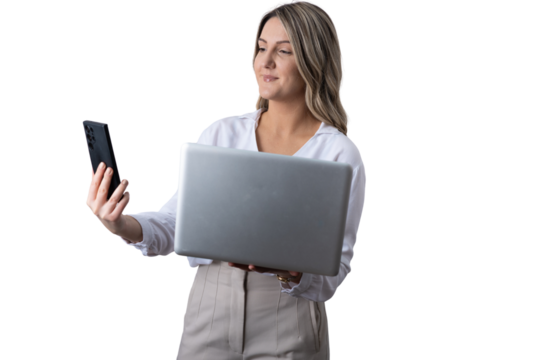 Woman holding laptop and smartphone on transparent background - Powered by Adobe