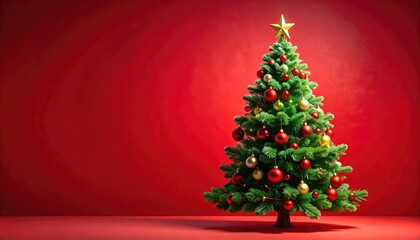 Festive decorated Christmas tree with ornaments and star on red background.