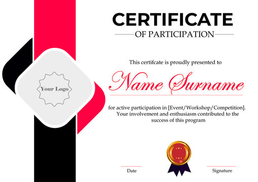 Modern participation certificate with bold red black and white style