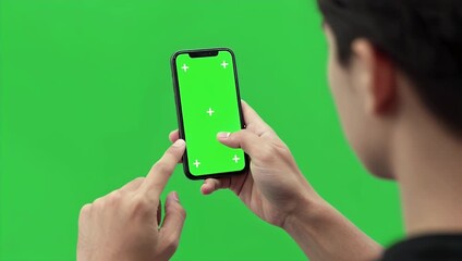 Person using smartphone with blank screen on green background for digital content creation and media production needs - Powered by Adobe