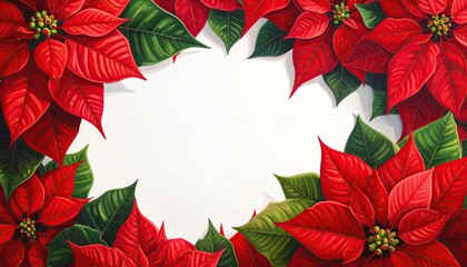 Vibrant Red Poinsettia Flowers Forming a Festive Holiday Border Frame.