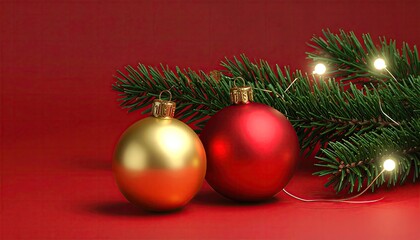 Festive Christmas Ornaments and Pine Branch with Lights on Red Background.
