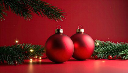 Elegant Red Christmas Ornaments and Festive Pine Branches with Lights.