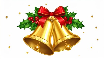 Golden Christmas Bells with Red Ribbon and Holly Decoration.