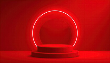 Modern red podium with glowing neon circle for product display.