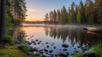 Panoramic scenic view of a majestic lake and lush pine forest at dawn, showcasing a captivating atmosphere with morning fog and a reflective water surface with a boat.